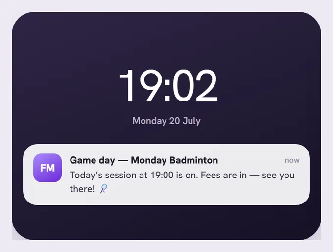 A game-day notification: today's session is on and the fees are in