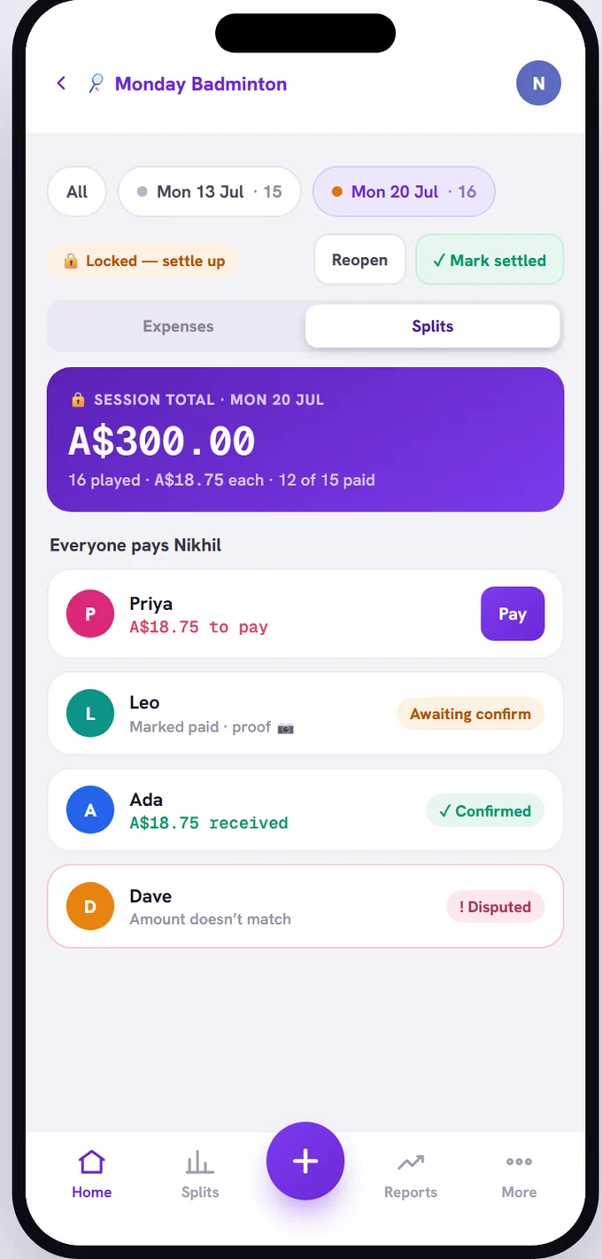 A locked club session showing A$300.00 total, A$18.75 each across 16 players, and who has paid
