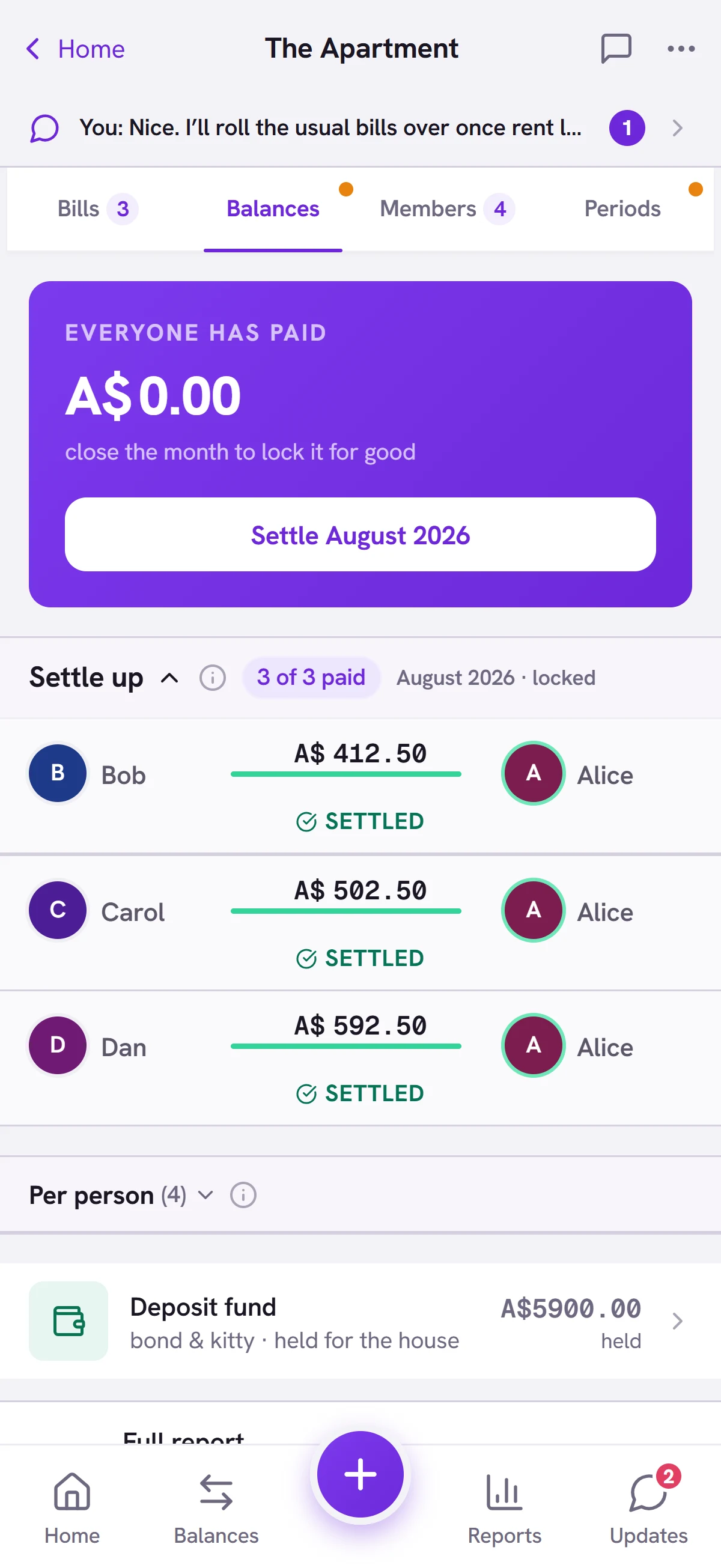 A share house on MyFairMate — the month settled, who paid whom, and the deposit fund held for the house